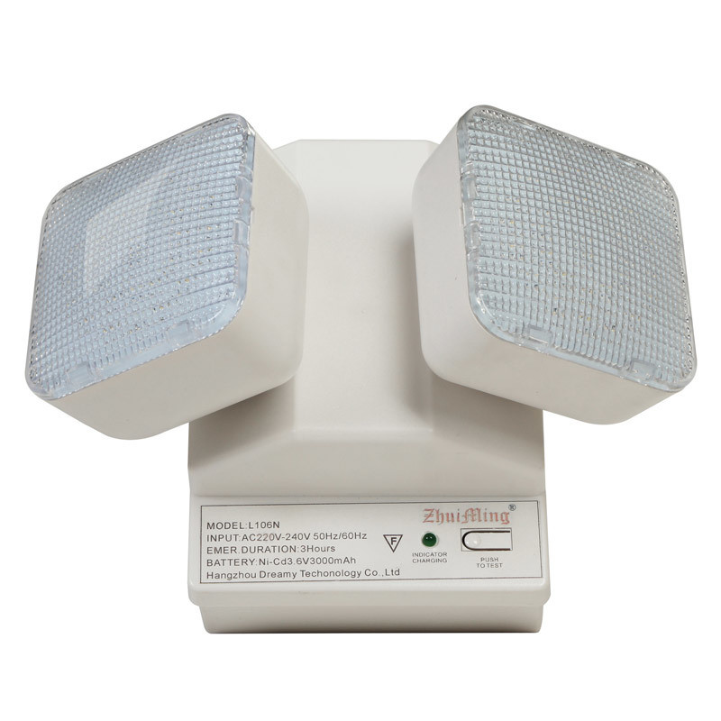 Luz de emergencia LED de 6W con doble foco, 6500K, 3.6V, batería Ni-Cd de 3.0Ah, carcasa de PC, IP20